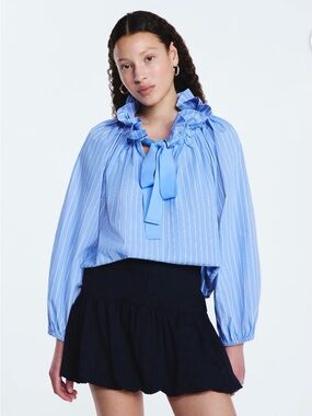 NWT Free Assembly Women's Ruffle Tie Neck Top Long Puff Sleeves Size XL Blue